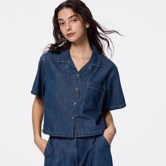 Denim Short Sleeve Button-Up Shirt GU NWT - Picture 1 of 2